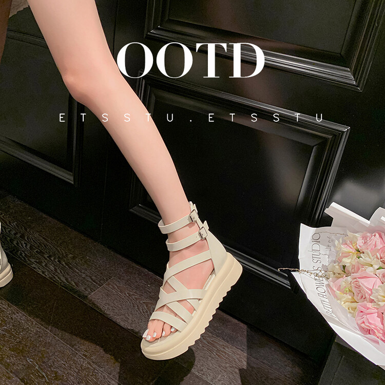 Sandal đế dày nữ da bò quai chéo hở ngón cao cổ mùa hè — Màu đen, Màu trắng be chi tiết 16