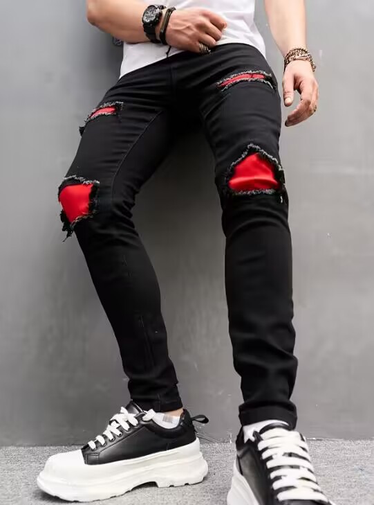 Comercio exterior hombre jeans casual delgado transfronterizo hombre agujeros parche elástico pantalones de hombre