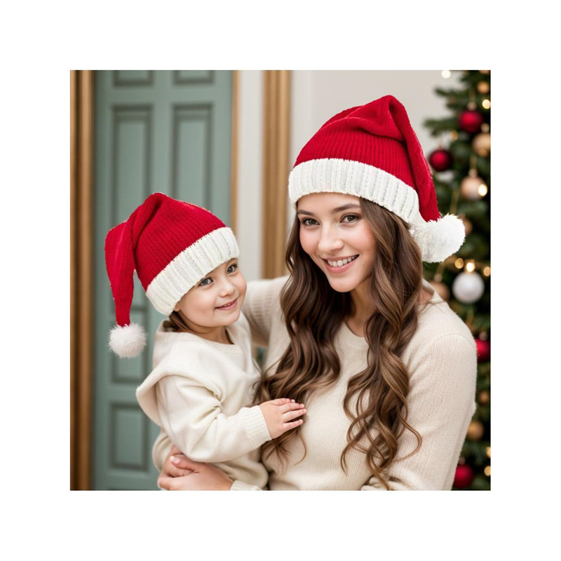 过新年婴儿红色宝宝圣诞睡帽针织帽子儿童成人礼物圣诞节拍照道具