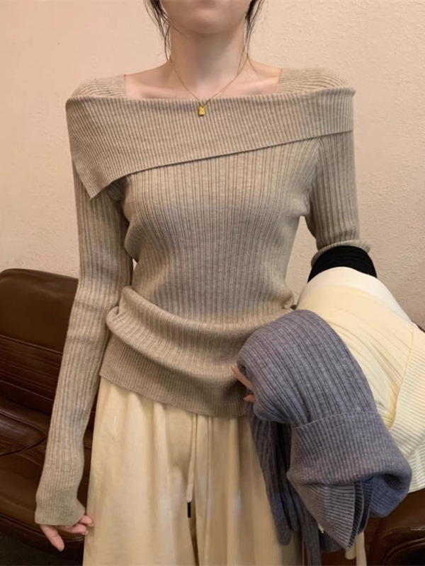 型款Polo领韩系春秋字母刺绣坑条软糯长袖针织衫女修身内搭打底衫|undefined