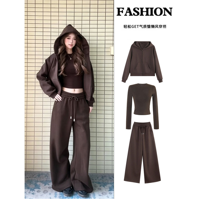 Brown Casual Hooded Sweatshirt Jacket for Women 2026 New Sports Top Autumn Suit Sweatshirt Suit for Women