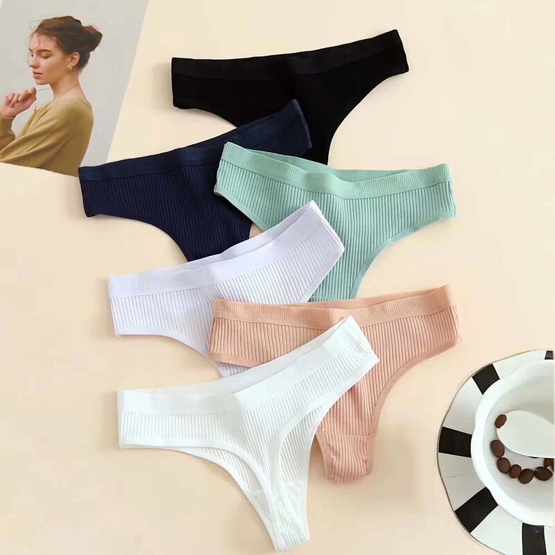 [Cross-Border Hot Sale] Women's Sexy Ribbed Thong Panties, Low-Waist Breathable Cotton T-Pants