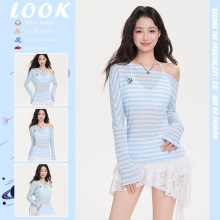 韩系甜美条纹斜肩收腰防晒罩衫女夏季修身慵懒风薄款网纱显瘦上衣