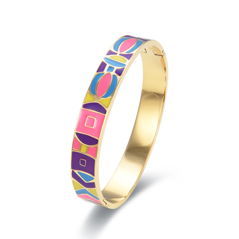 PVD Coated Gold Plating Process Real Gold Plated Plating Material PVD Coated Real Gold Plated 18K Gold Color Block Stainless Steel IG Style Waterproof Non Tarnish Titanium Steel Bangle