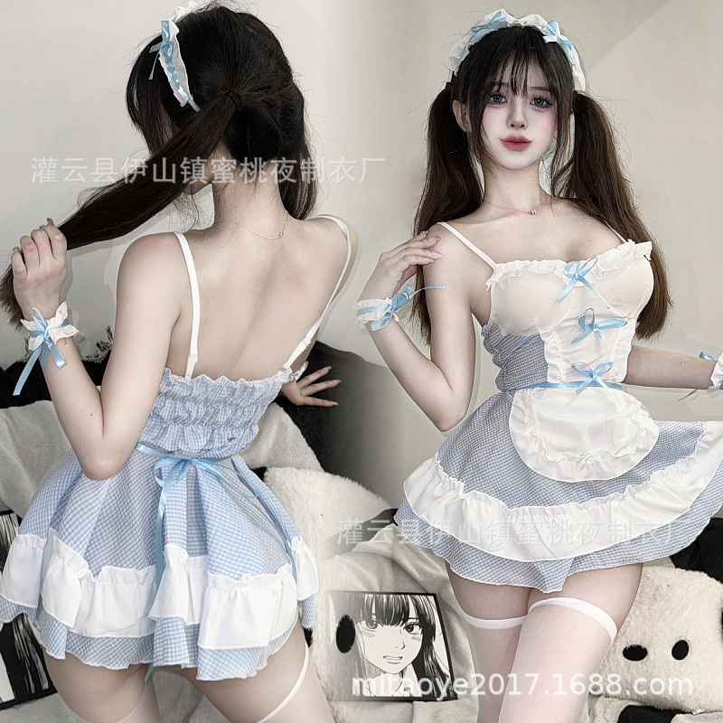 란제리 스위트 아쿠아 블루 리틀 메이드 유니폼 유혹 섹시한 원점 소녀 원피스 잠옷