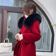 2023年秋冬新款狐狸毛領高端中長款紅色羊毛大衣女連帽毛呢子外套