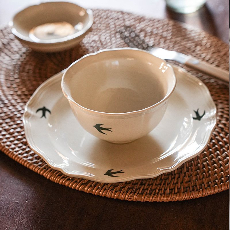 Tazón grande de cerámica japonesa estilo golondrina retro para sopa o fideos, plato para la cena, plato para postre, juego de tazones y platos para el hogar, vajilla creativa.