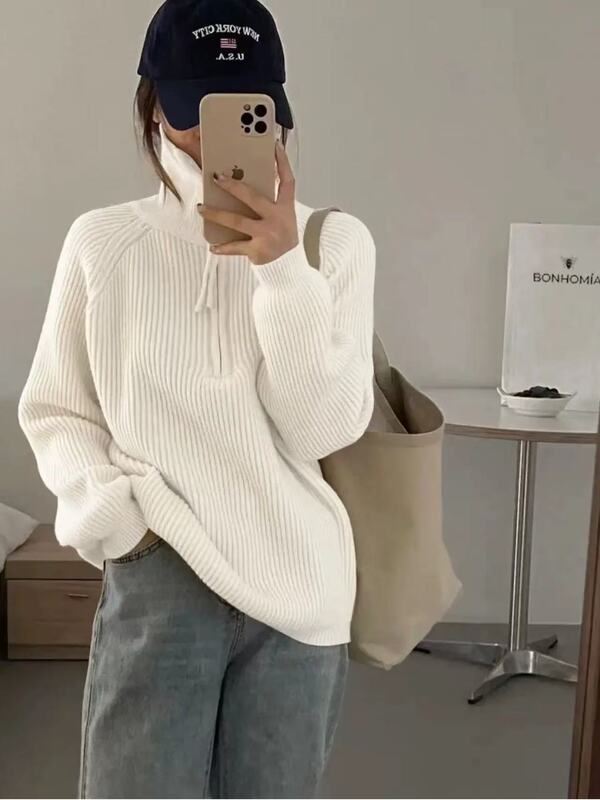 半拉链高领毛衣女秋冬季宽松韩版慵懒风外穿套衫软糯针织衫上衣女|undefined