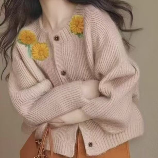 2025年新款秋冬刺绣提花针织衫开衫毛衣女宽松短款小个子外套上衣|undefined