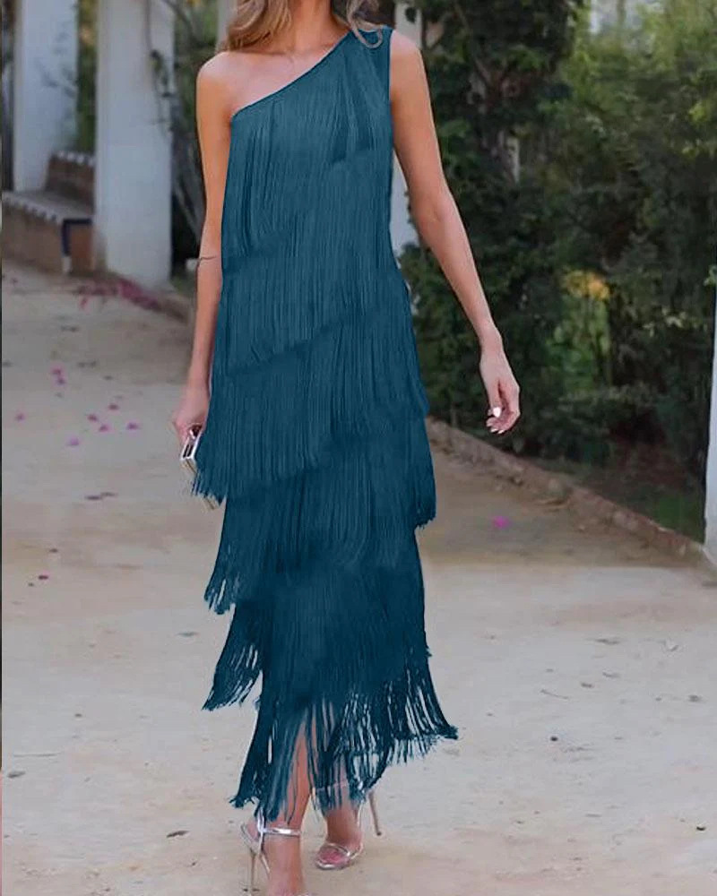 2024 Spring Summer New European And American Foreign Trade Fashion Tassel Asymmetric Off-Shoulder Dress Evening Gown_ecoleips.com