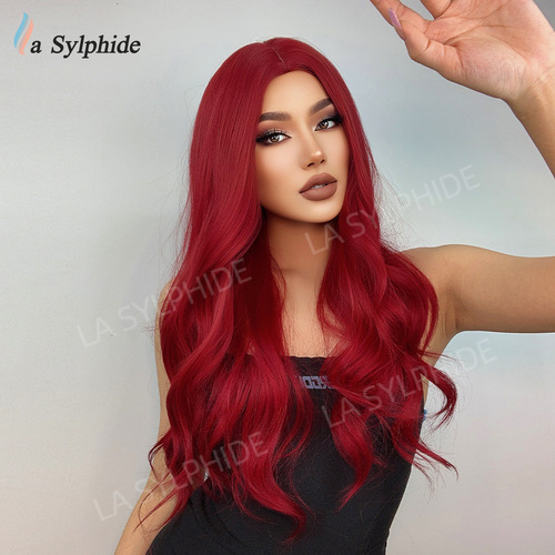Navy Red Middle Part Long Wavy Synthetic Fiber Hair Wig for Women - European and American Style, Amazon New Arrival, Costume Wig