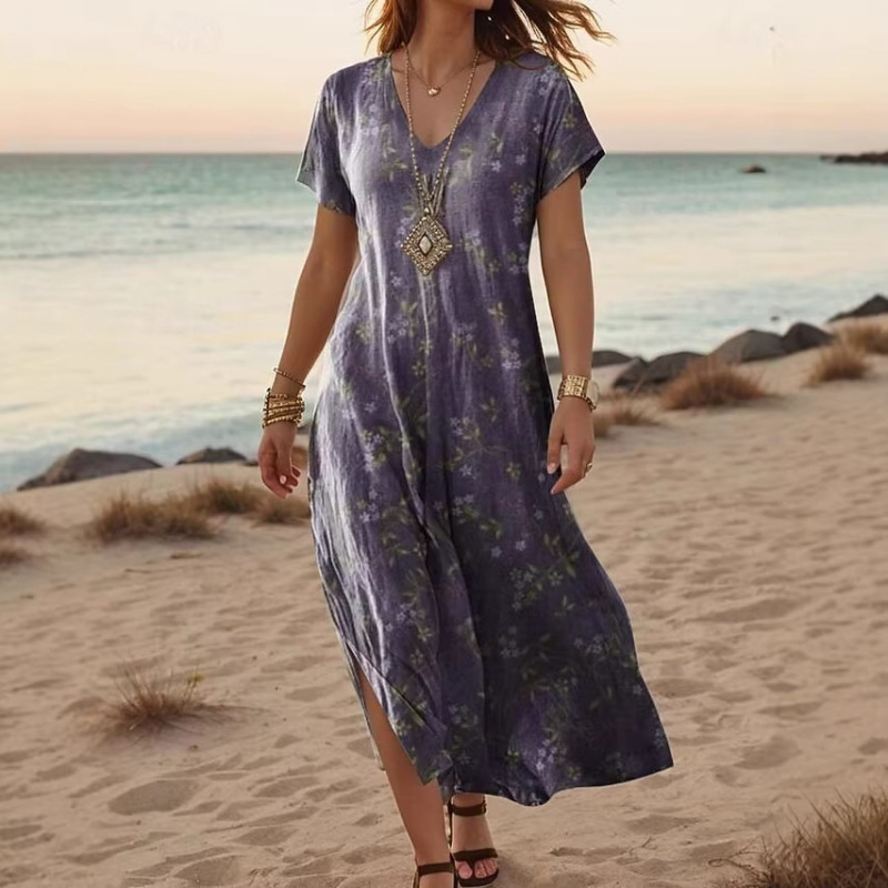 Summer Maxi Dress Casual V Neck Long Sleeve Bohemian Peacock Print Floral Long Dress