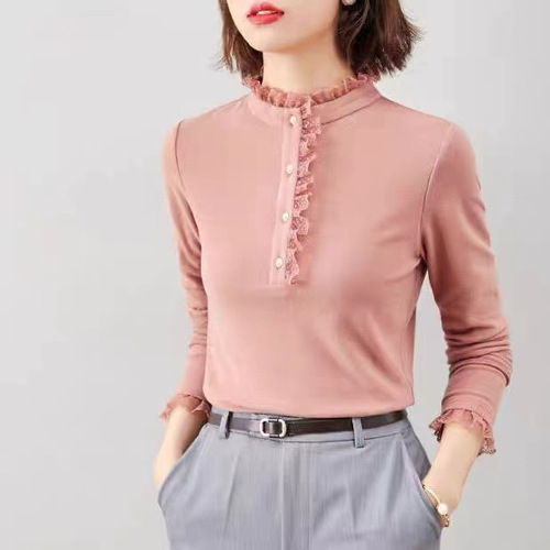 Threaded German velvet autumn and winter base shirt for women with stand-up collar, lace, velvety, thick long-sleeved inner top, fashionable and mature