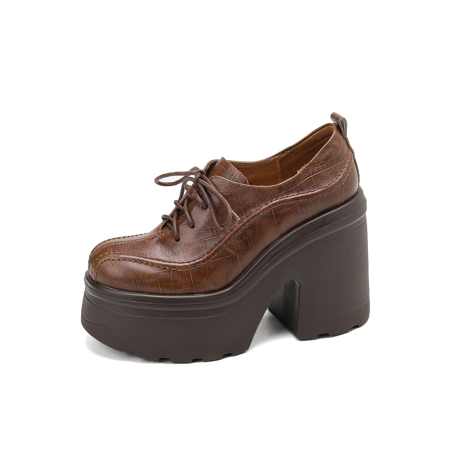 Giày cao gót nữ mũi tròn đế xuồng da bò phong cách Anh quốc, gót 12 cm — màu nâu