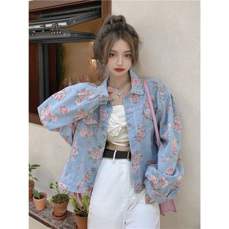 牛仔外套女年新款时尚短款百搭外衣设计感小众印花玫瑰花夹克|undefined