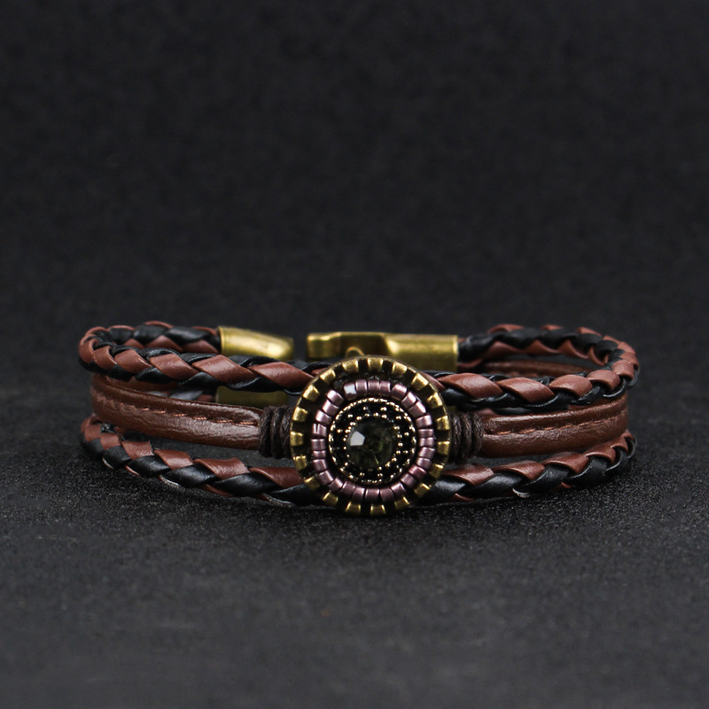 European and American Cross-Border Hand-Woven Multi-Layer Bracelets for Men, Leather Bracelets, Retro Ethnic Style Leather Rope Trinkets Wholesale