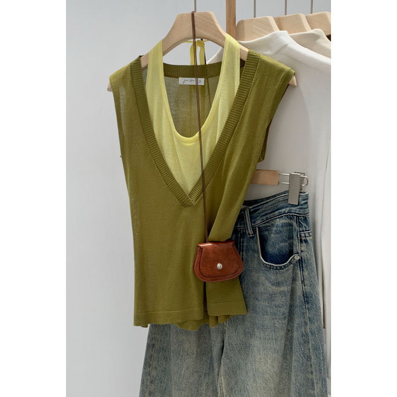 Fake Two-Piece Knitted Sleeveless Vest for Women, New Summer Style, Color-Blocking, Tie-Up Halter Neck, Slim Fit, Thin Top