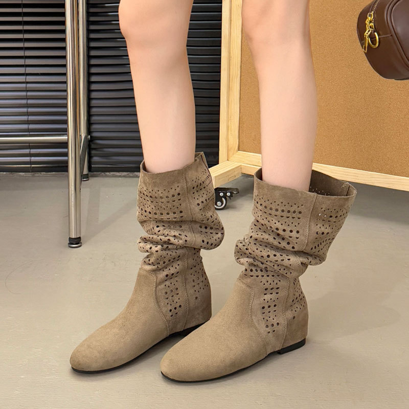 Western Cowboy Brown Hidden Heel Knee-High Riding Boots for Women 2026 New Summer French Style Hollow-Out Long Boots