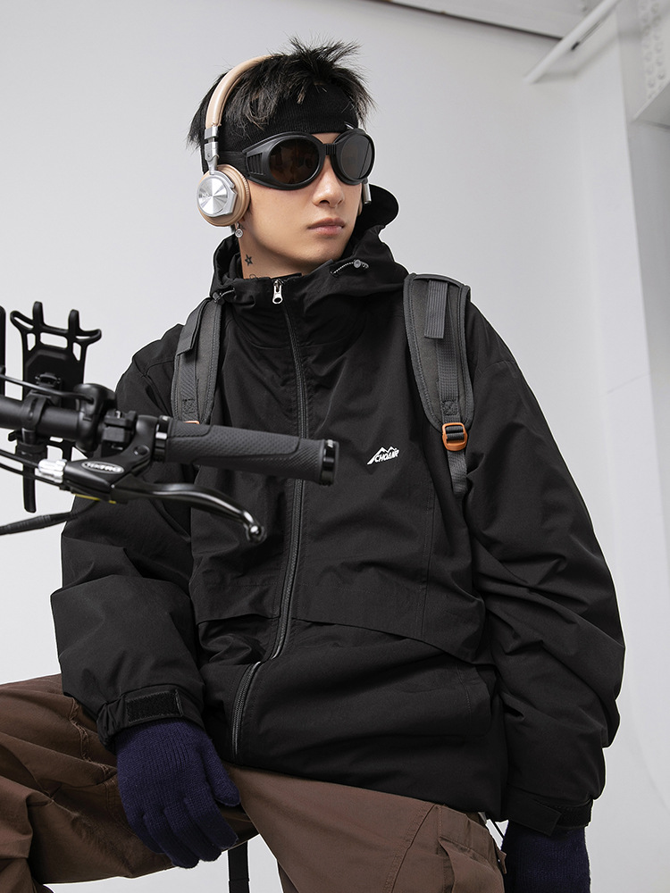 Chaqueta tres en uno para hombres y mujeres con el mismo estilo primavera japonés forro interior suelto desmontable chaqueta con capucha de terciopelo polar q