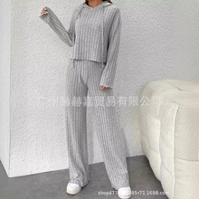 欧美秋冬2023跨境休闲针织长袖套装女外贸连帽卫衣宽松长裤两件套
