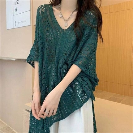 Summer Women's Fashion Cross-Border Pure Desire Hollow-Out Lace-Up V-Neck Knit Top, Lazy and Stylish Mid-Length Batwing Sleeve Cover-Up Summer Women's Fashion Cross-Border Pure Desire Hollow-Out Lace-Up V-Neck Knit Top, Lazy and Stylish Mid-Length Batwing Sleeve Cover-Up