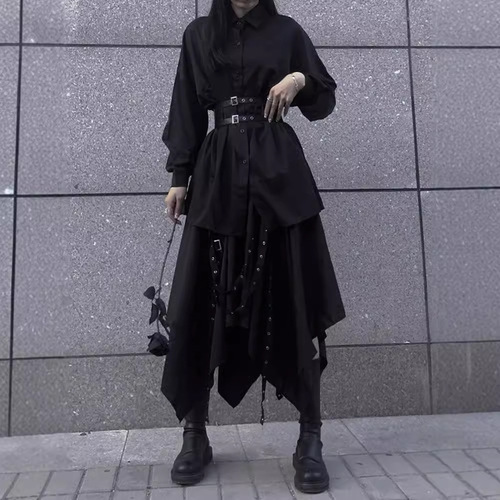 Mens Spring and Autumn Half-Body Skirt, High-Waisted Irregular Yamamoto Design, Dark Black Style Long Dress for Women, Retro
