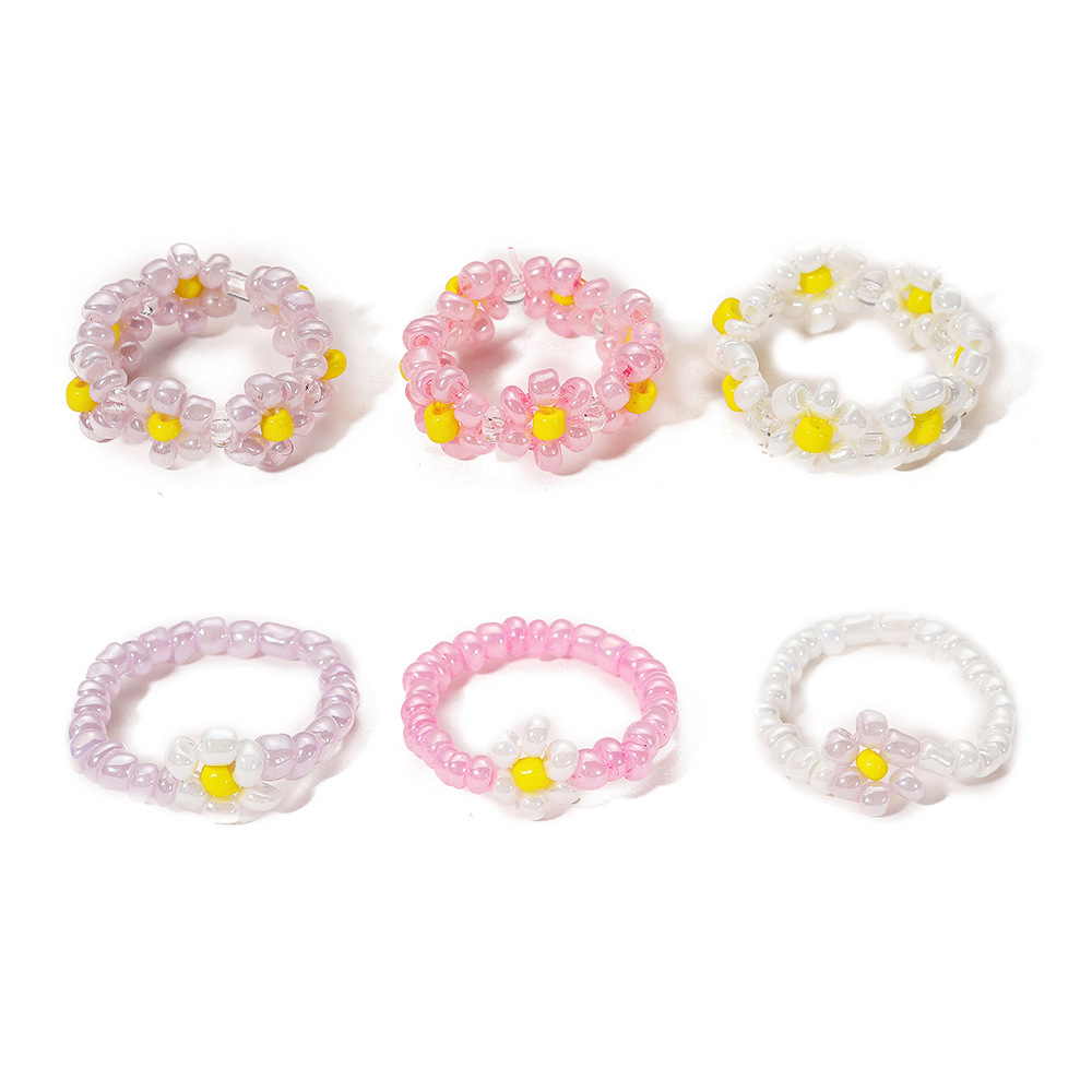 Creative Pink Rice Bead Flower Ring Ring Set 6 Piece Set display picture 2