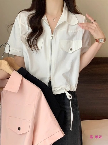 Short-Sleeve Regular Shoulder Workwear Top for Women, Spring Large Size for Plus Size, Slimming Design, Double Zipper Shirt