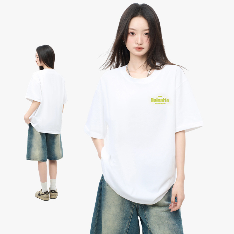 日系简约230g纯棉短袖T恤潮流立体胶印上衣休闲百搭打底衫女衣服