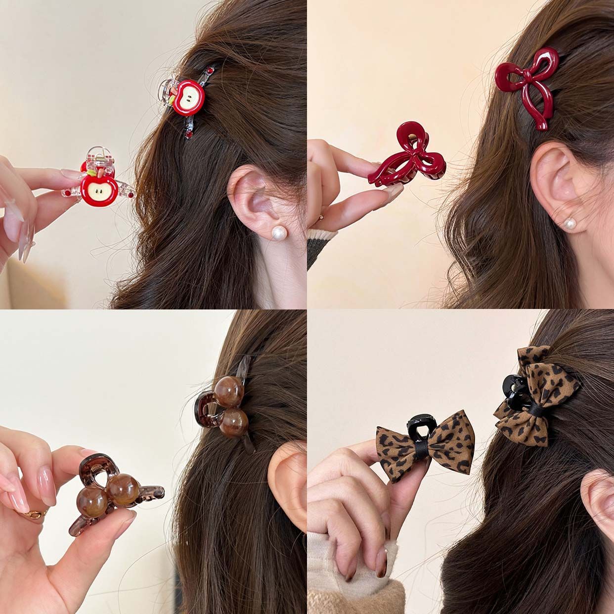 Apple, cute crab pin with bow, bangs, hairgrip, small hairpins, hair accessory, high-quality style