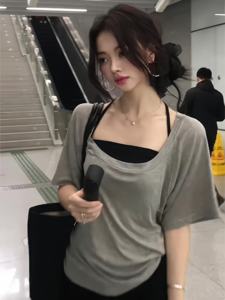 韩系灰色高级感宽松显瘦短袖T恤女夏季纯欲设计感小众别致小上衣