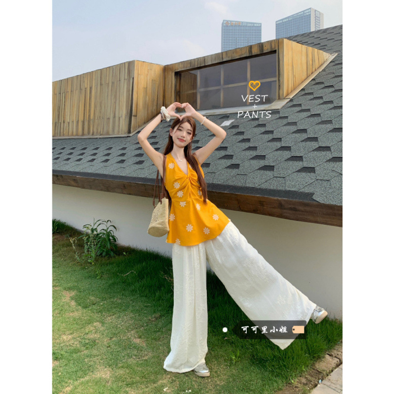 纯棉法式设计感扭结甜辣妹吊带背心阔腿休闲裤夏季新款时尚套装女|undefined