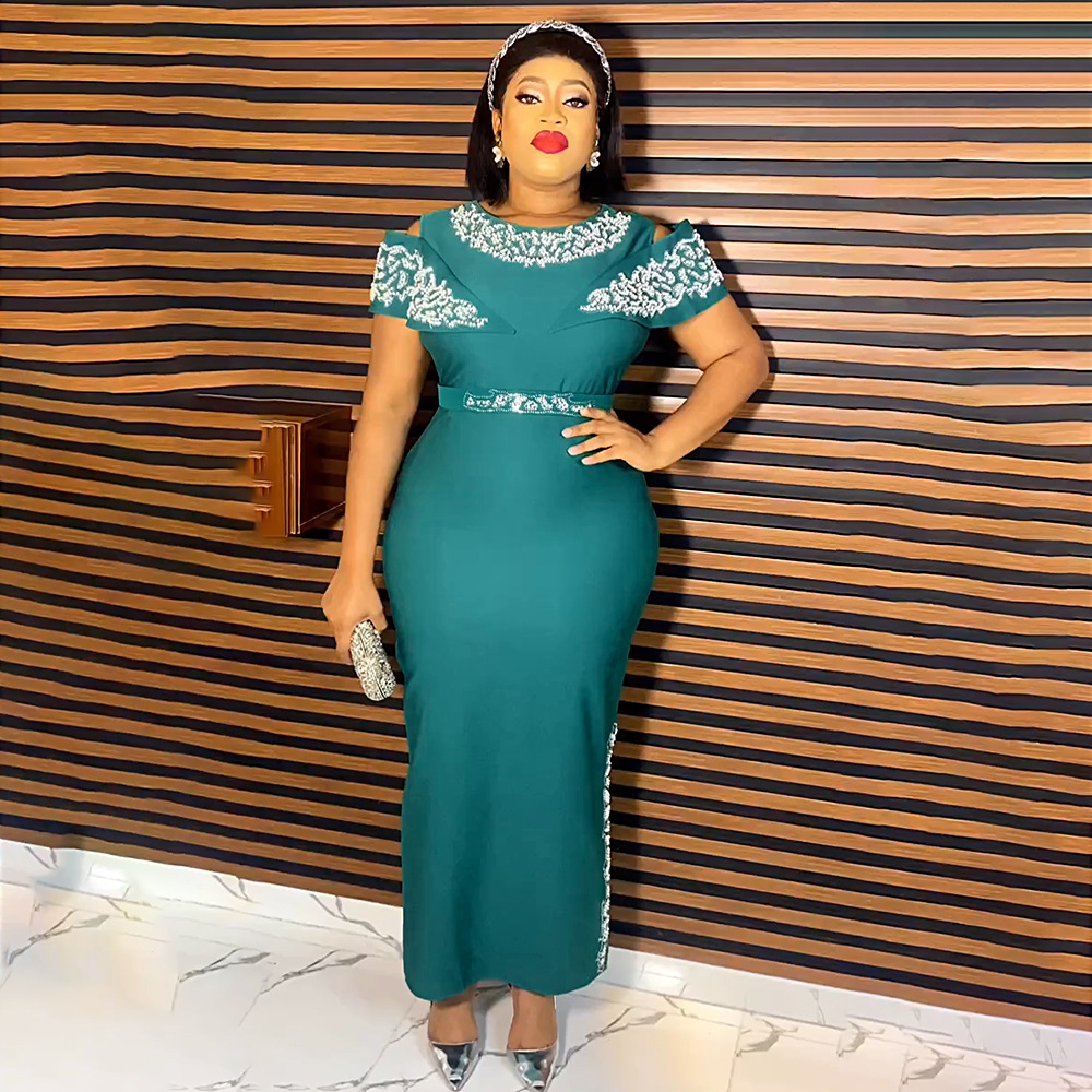 Elegante vestido largo ajustado con diseño de diamantes de imitación y mangas estilo capa: moda africana de talla grande para el trabajo y la noche._voghion.com
