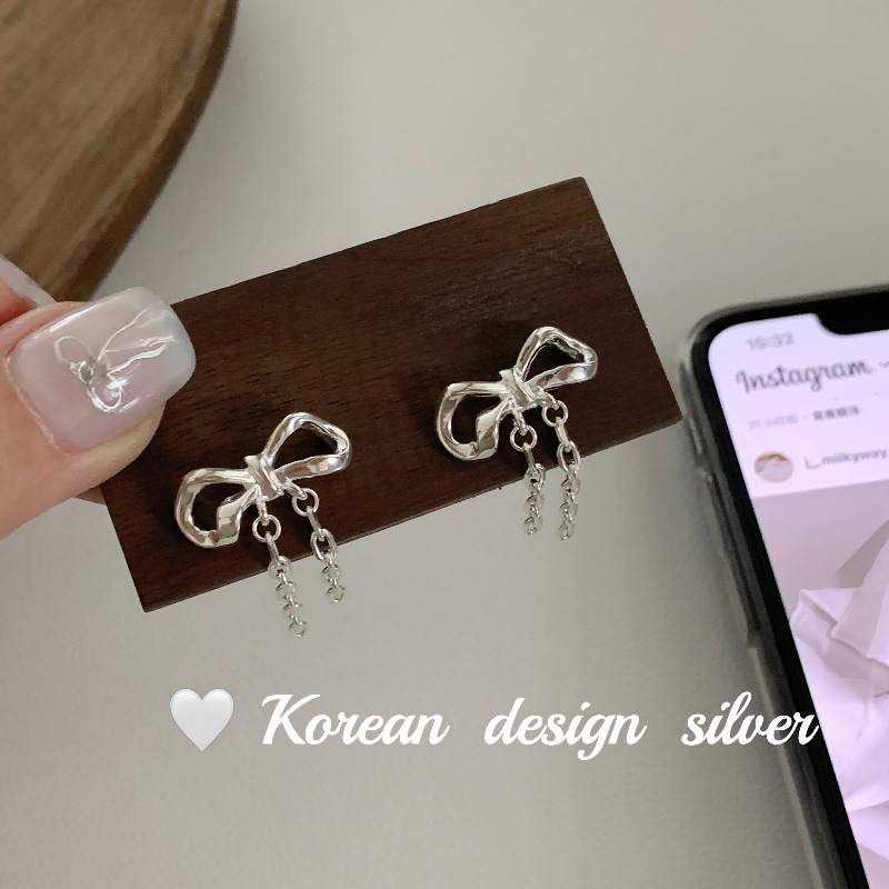 韓國ins風博主同款飾品 S925純銀蝴蝶結流蘇耳環 小眾高級感女款