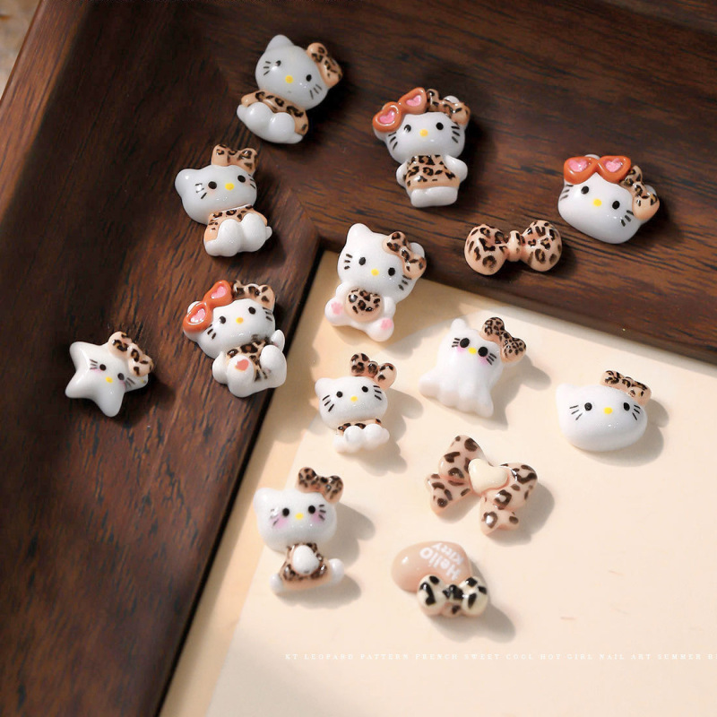 Y2kヒョウ柄キティキャットネイルネイル着爪ケイティkt猫ちょう结びアクセサリーキャディー猫漫画レジン|undefined