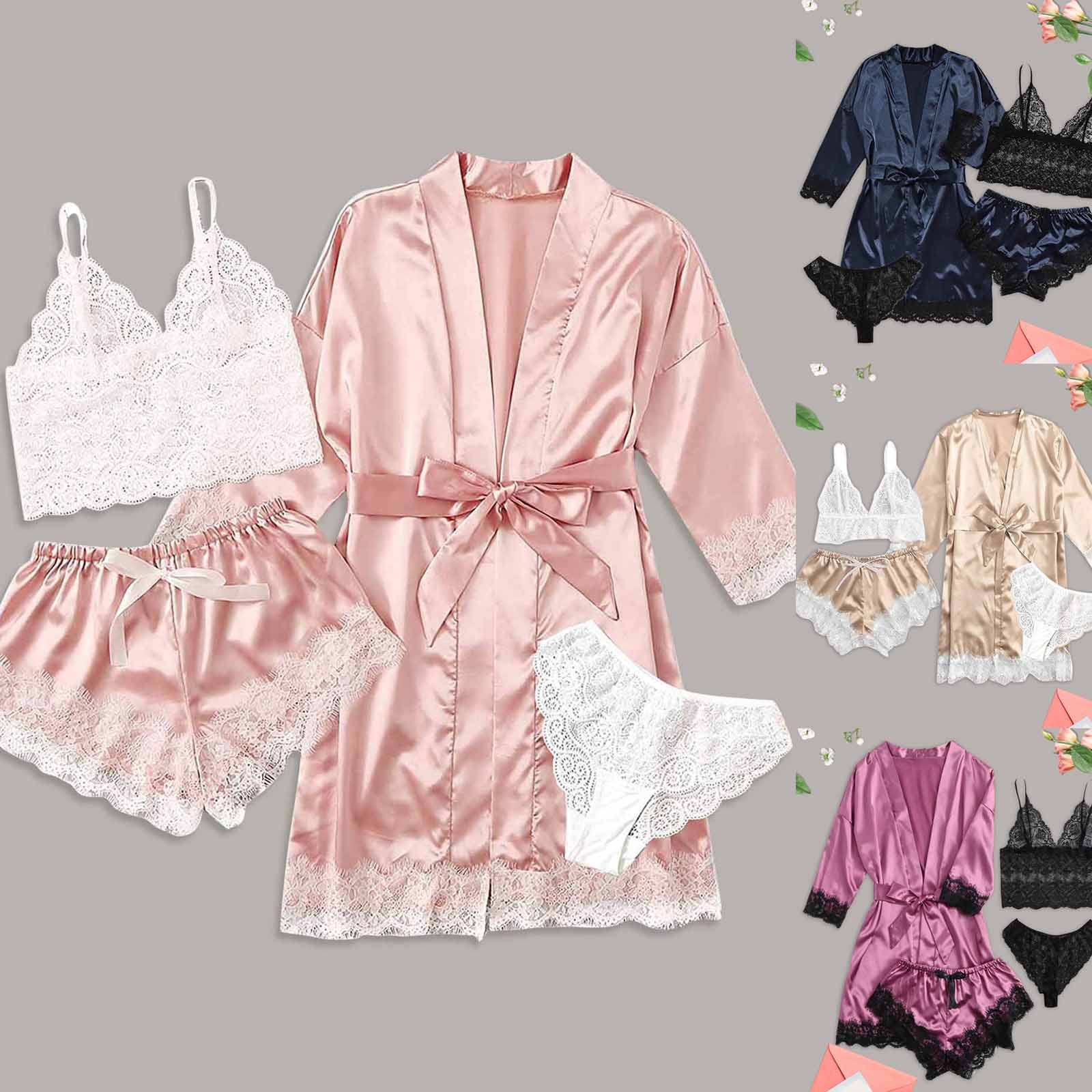 European and American Cross-Border Foreign Trade Women's Pajamas Four-Piece Set Large Size Nightgown Suspender Suit Outer Wear Home Clothes Hot Sale in Stock
