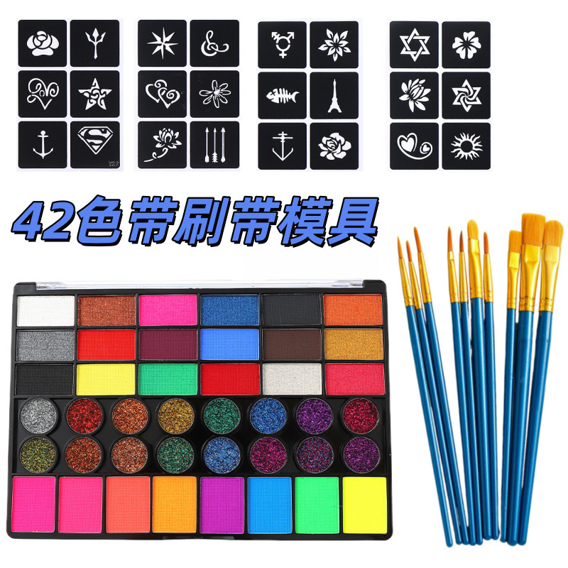 42-Color Water-Based Paint Set with Brush, Mold, Body Watercolor, Fluorescent Glitter, Face Paint, Fluorescent Watercolor