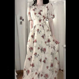 气质玫瑰花一片式夏简约绑带短袖长裙茶歇法式纯欲系初恋裙