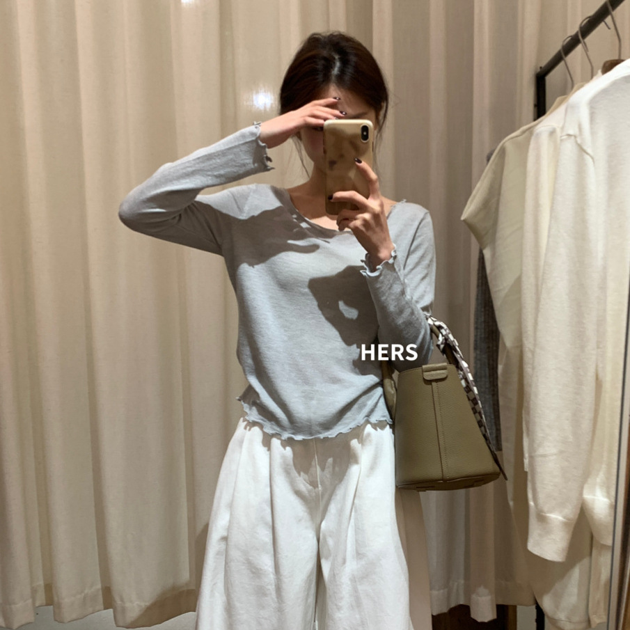 Hers coreano simple y versátil, perezoso, Ou Ruofeng, ligero y cómodo, camiseta de manga larga, camisa de fondo para mujer, verano 20285 image 2