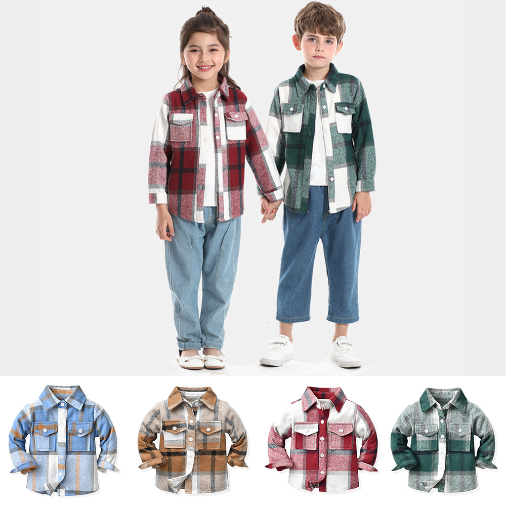 Chaqueta corta de manga larga de moda cálida a cuadros retro para niños transfronterizos, chaqueta de punto para niñas cepilladas casuales de solapa, todo fósforo