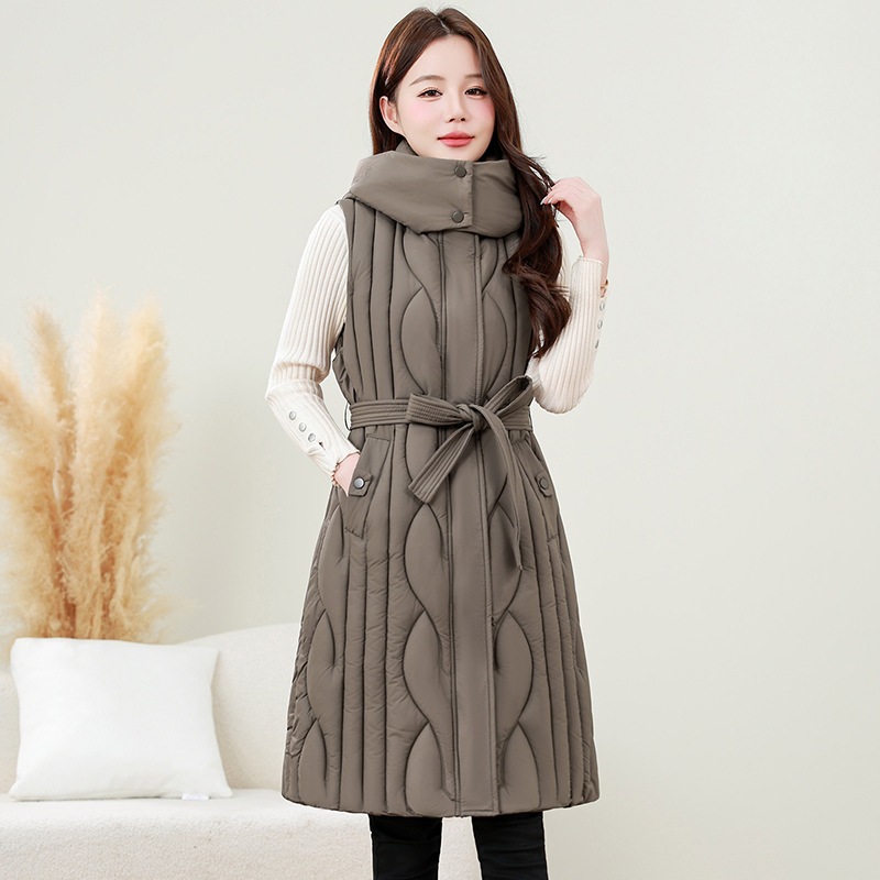 【Dropshipping】Long quilted cotton vest for women, hooded, waist-cinching, with straps, sleeveless, stylish outerwear 【Dropshipping】Long quilted cotton vest for women, hooded, waist-cinching, with straps, sleeveless, stylish outerwear