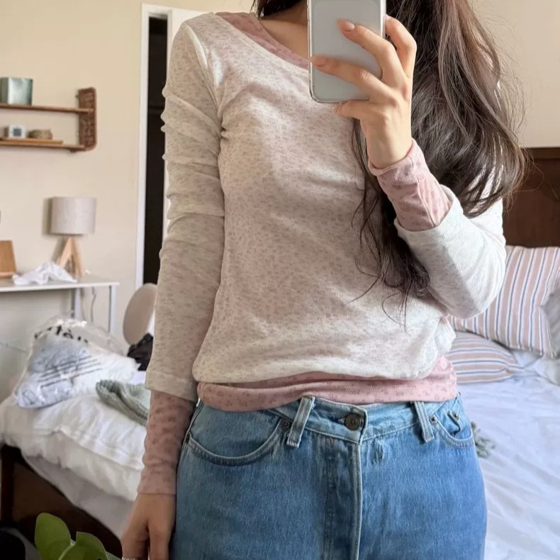 Mona·Xh2026 New Summer Style Korean Version Fl*Tta Sweet Slim-Fit Round-Neck Floral Long-Sleeve T-Shirt Top Mona·Xh2026 New Summer Style Korean Version Fl*Tta Sweet Slim-Fit Round-Neck Floral Long-Sleeve T-Shirt Top