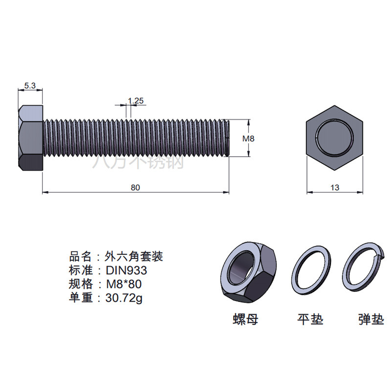 Tuerca de tornillo 304 acero inoxidable hexagonal conjunto de alta resistencia con almohadilla perno de tornillo antideslizante M3M4M5M6M12