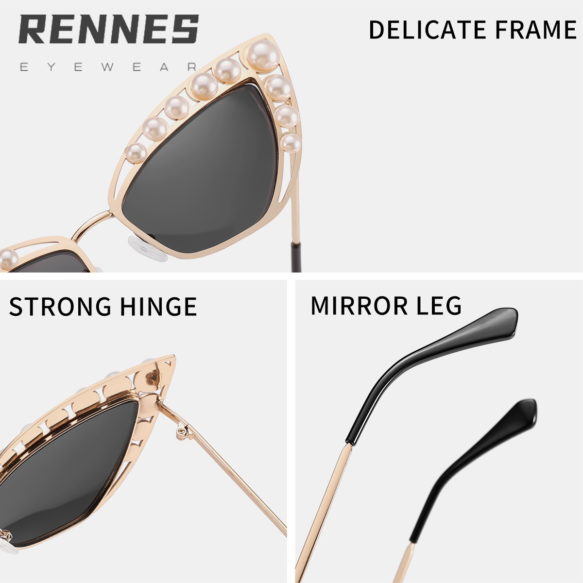 Nuevas gafas de sol de metal con ojos de gato de perlas hermosas transfronterizas
