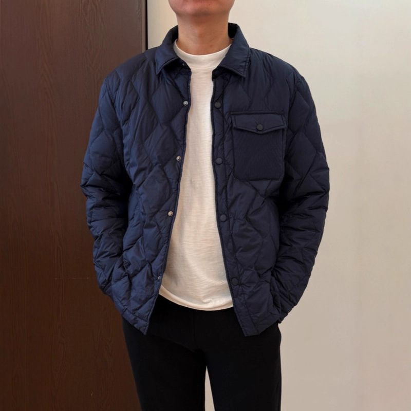 家属福利 90白鸭绒轻盈保暖翻领衬衫式菱格珩缝男士羽绒服