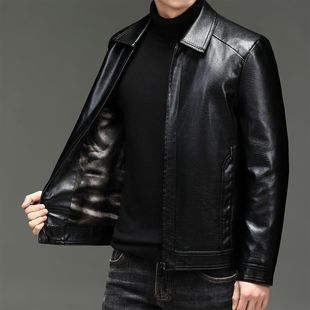 2025 New Autum Lapel Thin Pu Jacket for Young and Middle-Aged Korean Style Men's Velvet Cardigan Casual Jacket