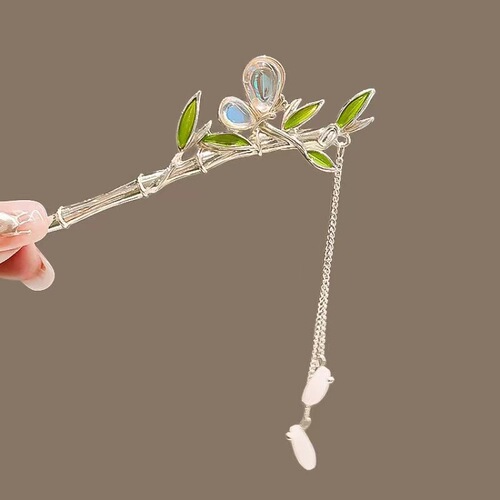 New Chinese style bamboo leaf dripping oil tassel hairpin, ancient style hairpin on the back of the head, retro temperament, Hanfu step-shaking hairpin