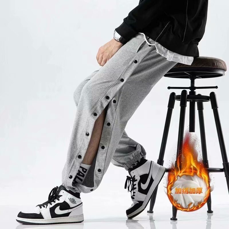 2023 breasted sports pants men's full open button loose fashionable ankle-tied autumn and winter sweatpants side open training basketball long