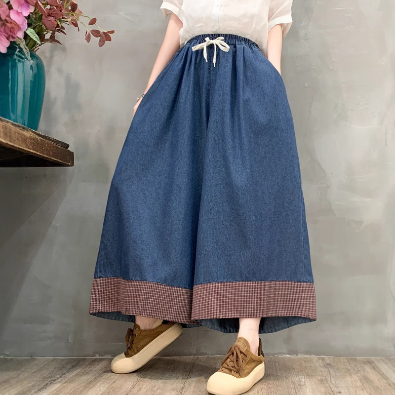 Contrast color new 2025 elastic waist lace Denim pants women's straight pants casual wide leg pants wholesale