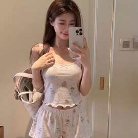 萌系风卡通小熊印花带胸垫吊带睡衣女夏季新款2026短裤家居服套装